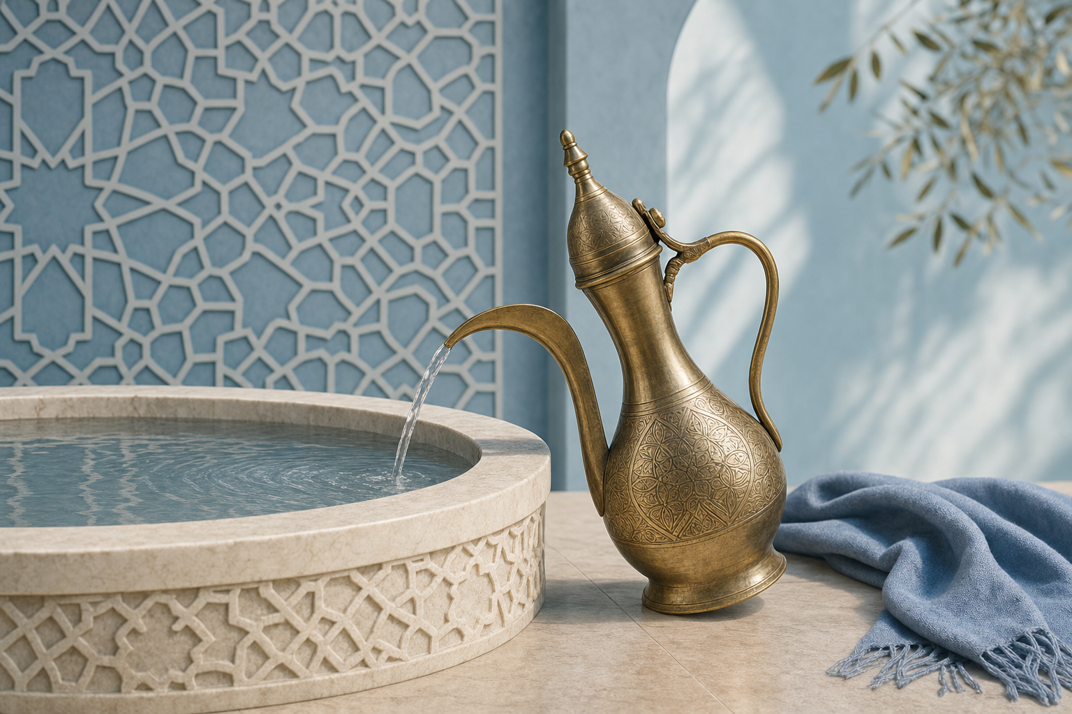Aiguière traditionnelle pour les ablutions, eau versée avec douceur