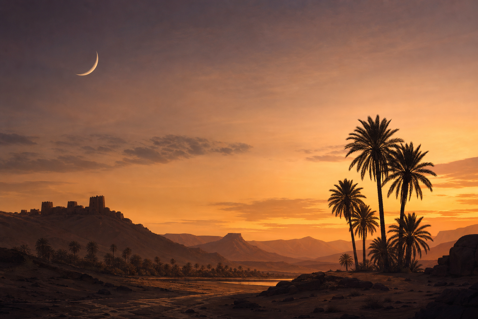 Croissant de lune au-dessus d'un paysage désertique au crépuscule, évoquant l'Arabie ancienne