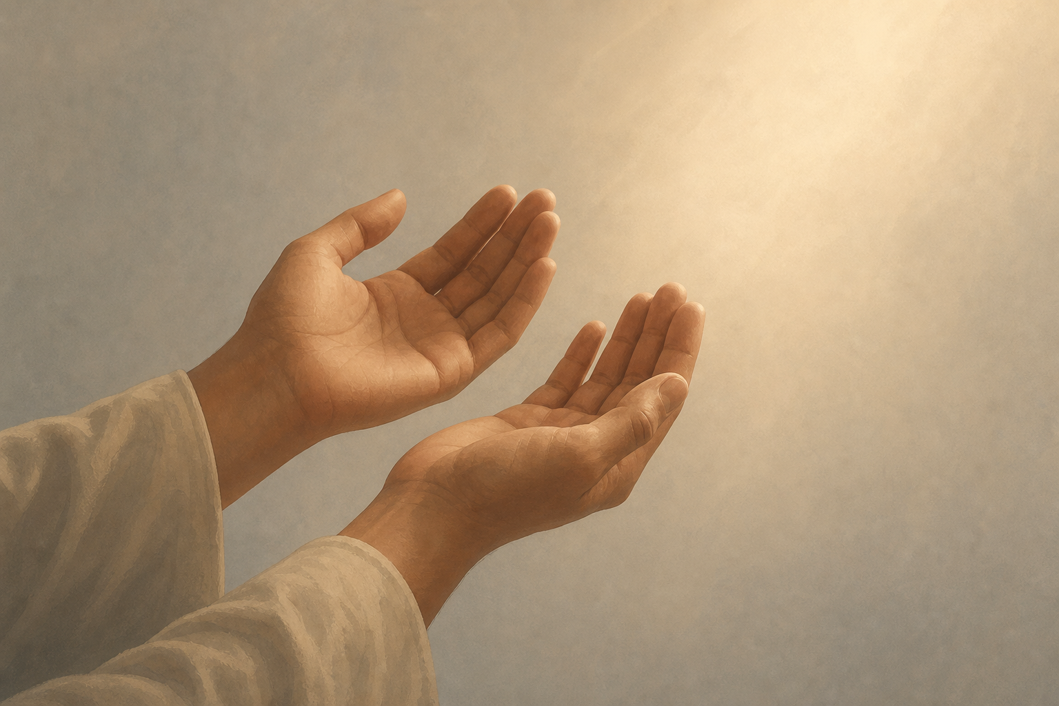 Mains ouvertes en position d'invocation, lumière douce