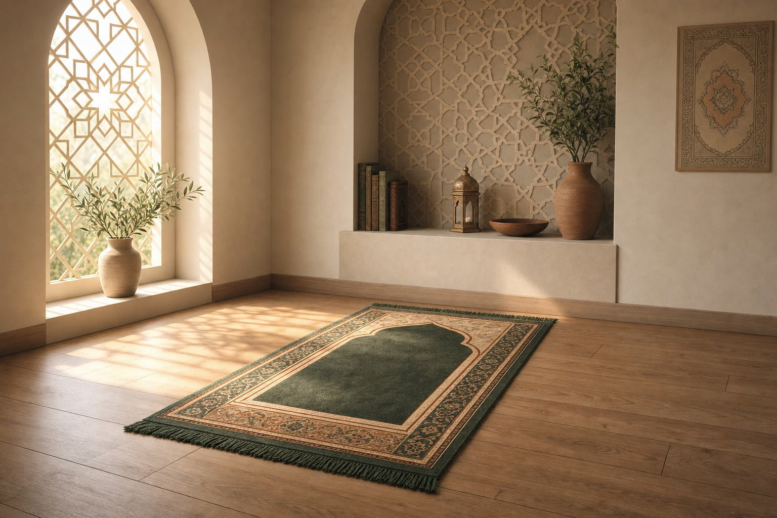 Tapis de prière posé au sol, lumière douce du matin